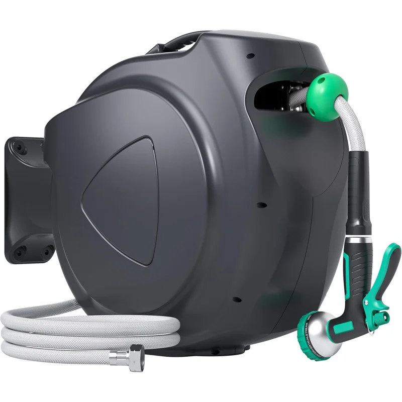 100Ft x 1/2 Garden Hose Reel, Wall Mounted with 180° Swivel, Automatic Rewind & Any Length Lock, 9-Pattern Sprayer & 6Ft Leader
100Ft x 1/2 Garden Hose Reel, Wall Mounted with 180° Swivel, Automatic Rewind & Any Length Lock, 9-Pattern Sprayer & 6Ft Leader