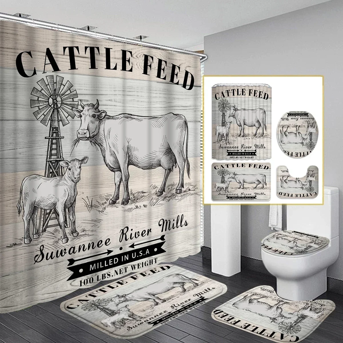 Vintage Farmhouse Bathroom Set Cow Feed Shower Curtain Set Non Slip Rug Toilet Seat U Shaped Mat Rustic Style Bathroom Decor
Vintage Farmhouse Bathroom Set Cow Feed Shower Curtain Set Non Slip Rug Toilet Seat U Shaped Mat Rustic Style Bathroom Decor