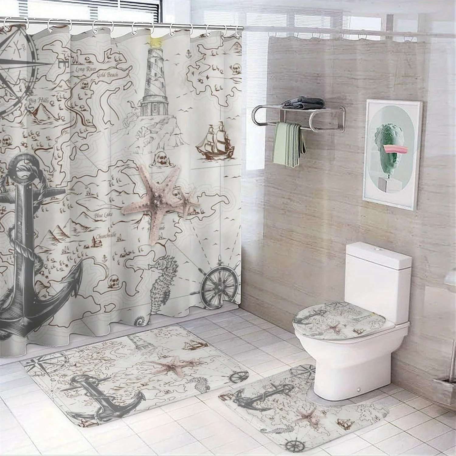 4 шт. декор для ванной комнаты с морским якорем в стиле кантри, полиэфирная ткань, занавеска для душа, коврик для унитаза, нескользящий коврик, U-образный коврик
4 шт. декор для ванной комнаты с морским якорем в стиле кантри, полиэфирная ткань, занавеска для душа, коврик для унитаза, нескользящий коврик, U-образный коврик