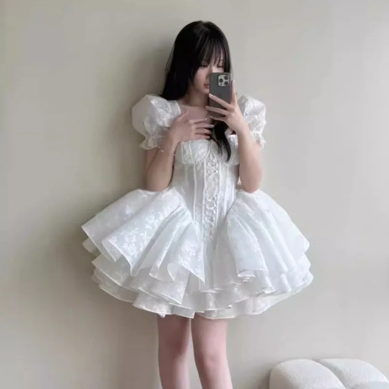 Kawaii Fairycore White Floral Jacquard Dress Puff Sleeve Lace Trim Corset Lace Up Layered Flowy Short Princess Dress
Kawaii Fairycore White Floral Jacquard Dress Puff Sleeve Lace Trim Corset Lace Up Layered Flowy Short Princess Dress