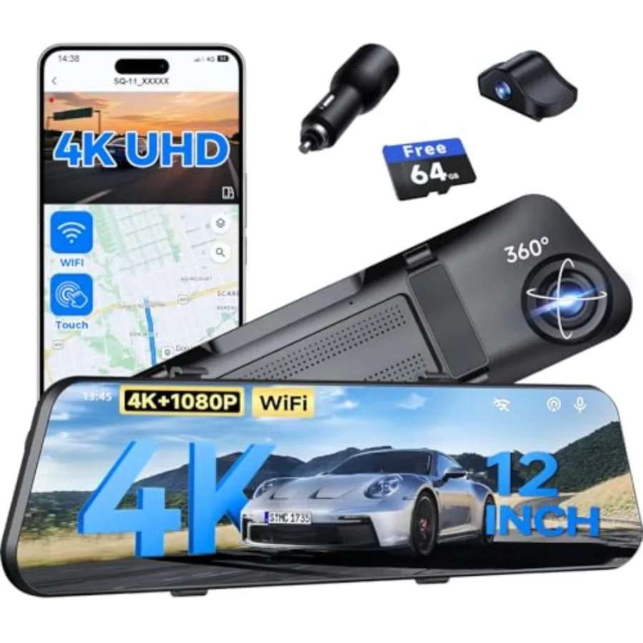 4K mirror dash cam for car use, aluminum alloy body, black color, 12-inch touch screen with WiFi and 7/24 parking mode
4K mirror dash cam for car use, aluminum alloy body, black color, 12-inch touch screen with WiFi and 7/24 parking mode