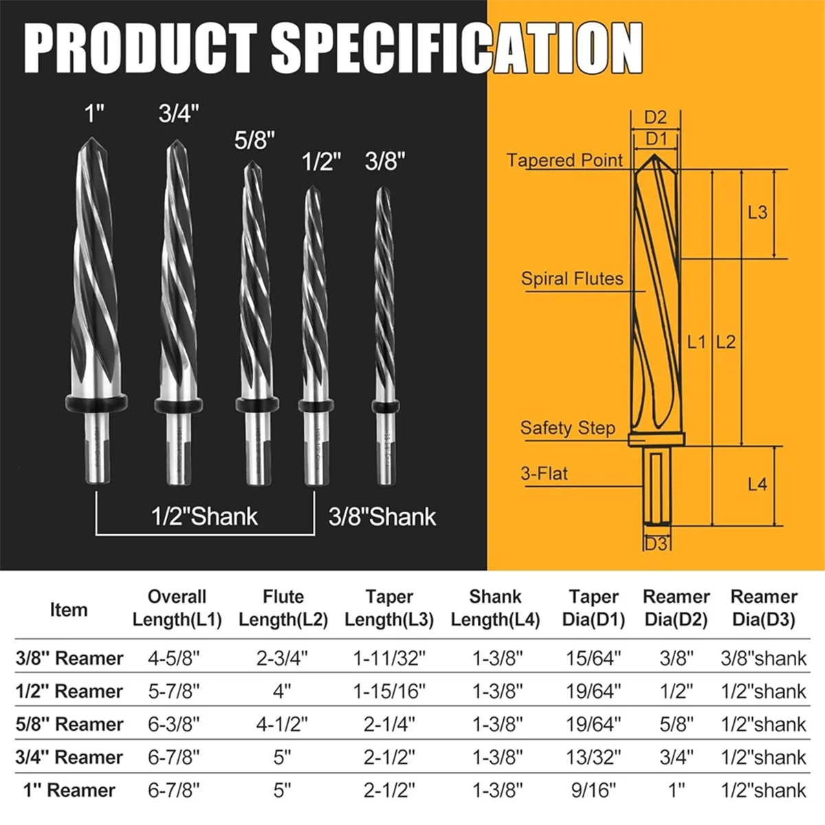 HSS Bridge Construction Reamer Set,3/8in 1/2in 5/8in 3/4in 1in Taper Bridge Reamer Drill Bit for Steel Metal Wood
HSS Bridge Construction Reamer Set,3/8in 1/2in 5/8in 3/4in 1in Taper Bridge Reamer Drill Bit for Steel Metal Wood