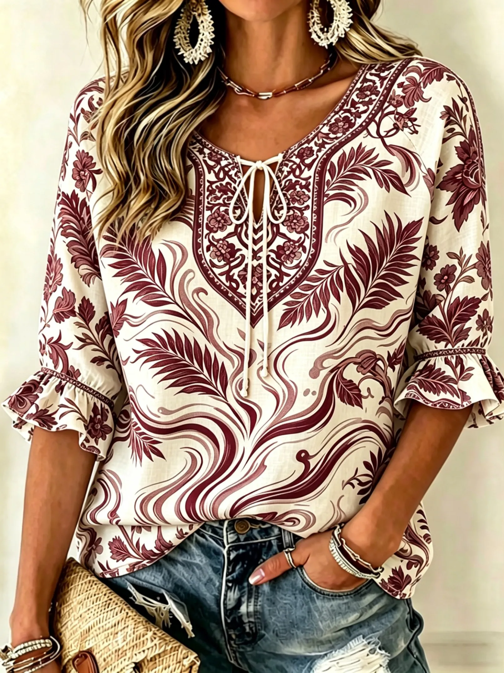 Women's Spring Summer Casual Blouse, Cream & Wine Red Boho Feather Print Tops for Daily Street Holiday Dating & Leisure Outfit
Women's Spring Summer Casual Blouse, Cream & Wine Red Boho Feather Print Tops for Daily Street Holiday Dating & Leisure Outfit