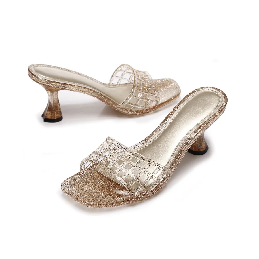 French Luxury Gold Glitter Clear Sandals Lady Grid Hollowed Square Toe Cone Heel Slides Shoes Women Slip On Evening Party Sandal
French Luxury Gold Glitter Clear Sandals Lady Grid Hollowed Square Toe Cone Heel Slides Shoes Women Slip On Evening Party Sandal