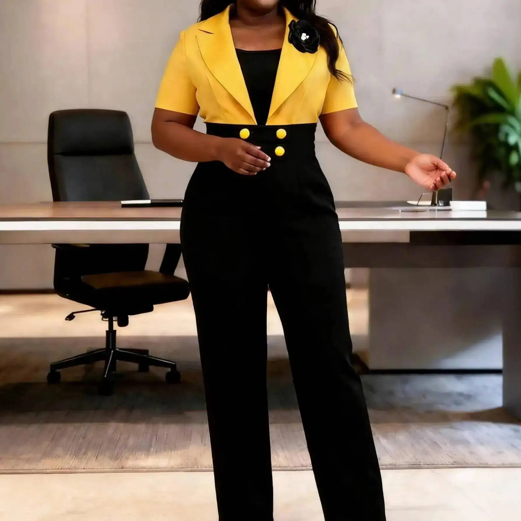 Black And Yellow Contrast Color Suit Collar Jumpsuit, Slim-fit Double-breasted Elegant Slimming Jumpsuit
Black And Yellow Contrast Color Suit Collar Jumpsuit, Slim-fit Double-breasted Elegant Slimming Jumpsuit