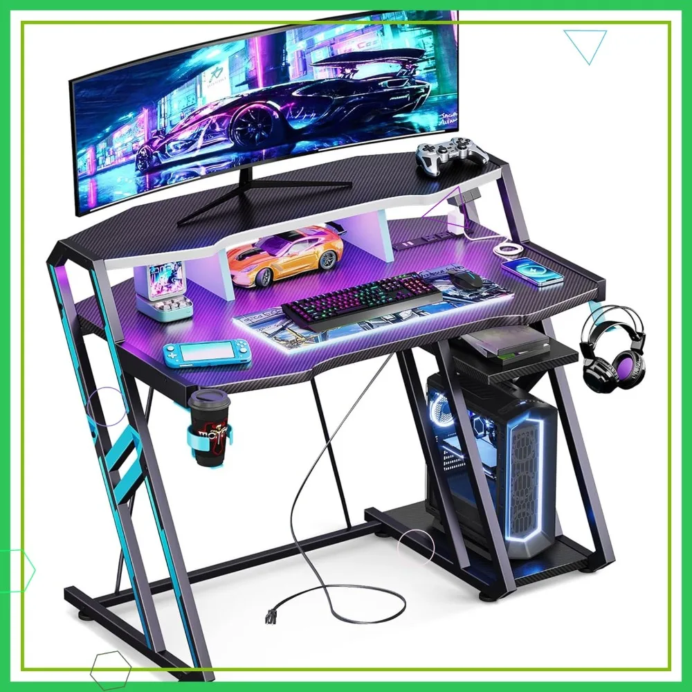 40 Inch Gaming Desk with Power Outlet & LED Lights, Carbon Fiber Texture, Storage Shelf for PC, Black
40 Inch Gaming Desk with Power Outlet & LED Lights, Carbon Fiber Texture, Storage Shelf for PC, Black
