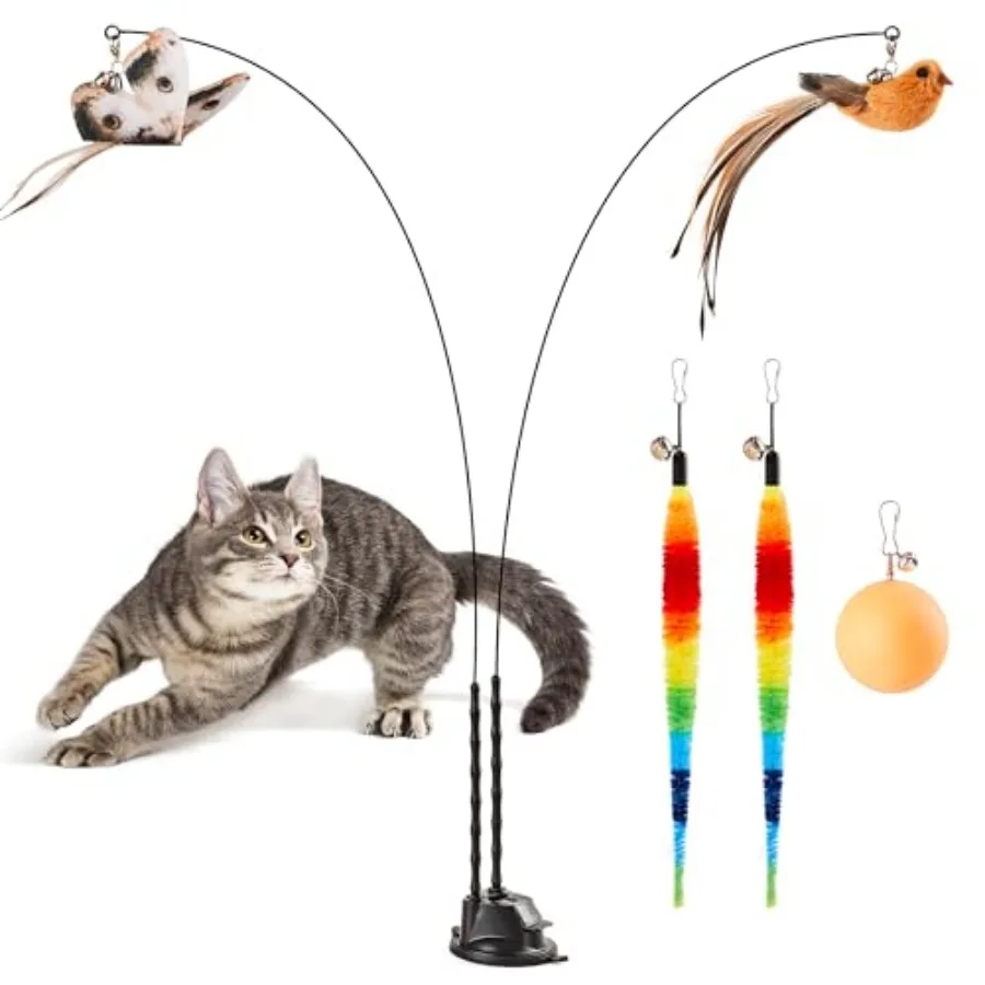 Suction Cup Cat Wand Toys, Dual-Wand Interactive Kitten Toy for Indoor Cats with 5 Pcs Feathers Balls Attachments, Charcoal Bas
Suction Cup Cat Wand Toys, Dual-Wand Interactive Kitten Toy for Indoor Cats with 5 Pcs Feathers Balls Attachments, Charcoal Bas