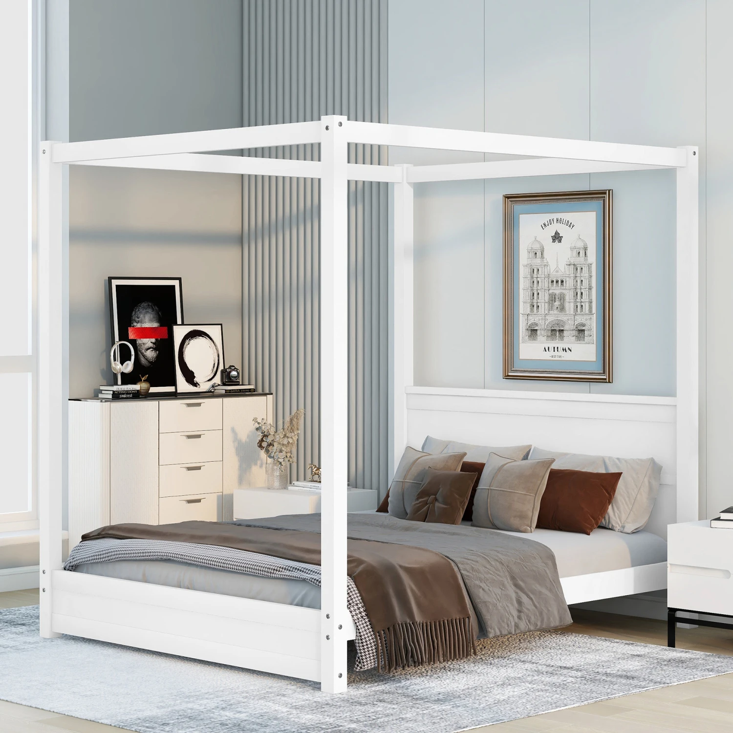 Queen Size Canopy Platform Bed with Headboard and Support Legs,White
Queen Size Canopy Platform Bed with Headboard and Support Legs,White