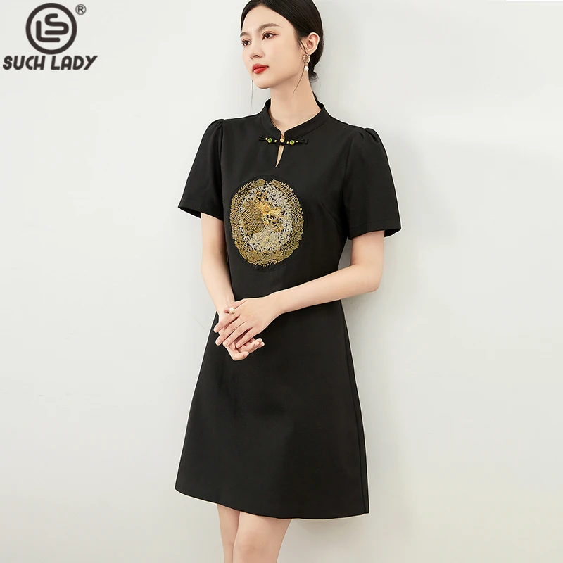 Women's Dresses Turn Down Collar Short Sleeves Embroidery Elegant Mini Little Black Vestidos
Women's Dresses Turn Down Collar Short Sleeves Embroidery Elegant Mini Little Black Vestidos