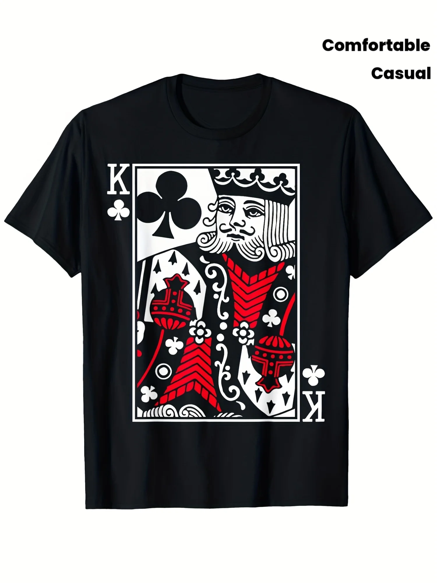 King of Clubs Playing Cards Graphic T-Shirt - Black with Red & White Design, Casual Round Neck Short Sleeve Tee for Men & Women,
King of Clubs Playing Cards Graphic T-Shirt - Black with Red & White Design, Casual Round Neck Short Sleeve Tee for Men & Women,