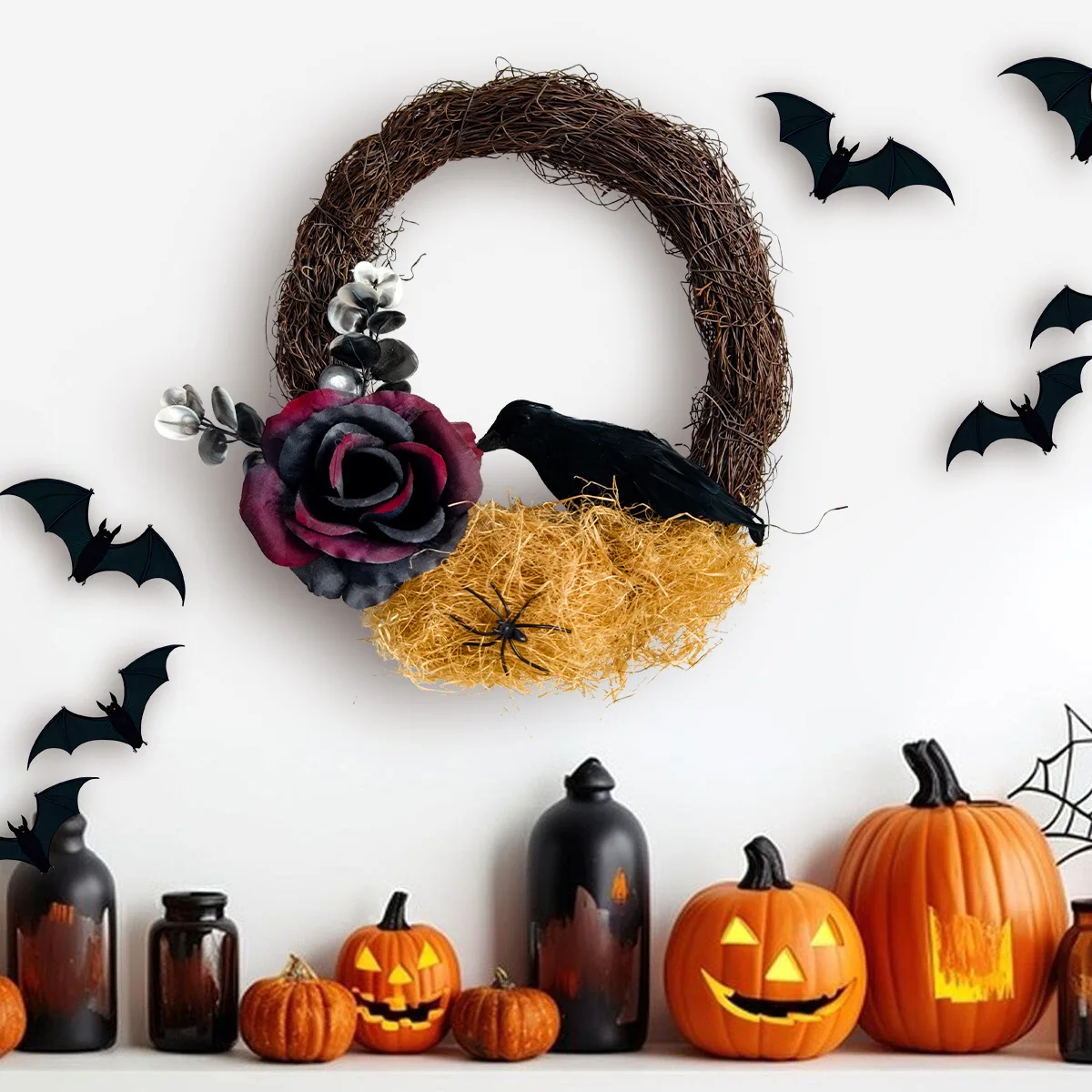 11.8 Inch Happy Halloween Wreath for Front Door with Crow Artificial Roses Black Wreath Home Decor 
11.8 Inch Happy Halloween Wreath for Front Door with Crow Artificial Roses Black Wreath Home Decor