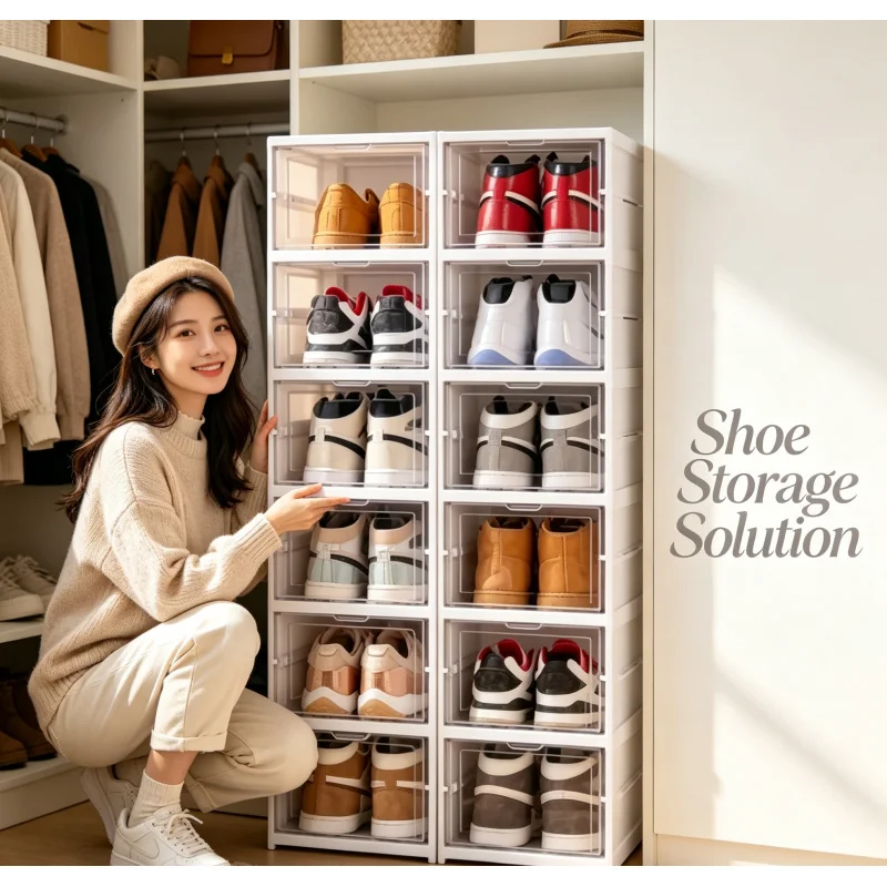 6 Layers Foldable Transparent Shoe Storage Organizer, Stackable Dustproof High-top Sneaker Shoe Rack Box