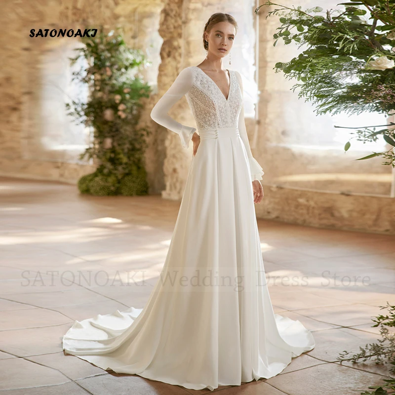 Vestidos De Novia Elegant Boho Chiffon Wedding Dress for Women Long Sleeve V-neck Lace Appliques Bride Gown Robe Mariée Custom
Vestidos De Novia Elegant Boho Chiffon Wedding Dress for Women Long Sleeve V-neck Lace Appliques Bride Gown Robe Mariée Custom