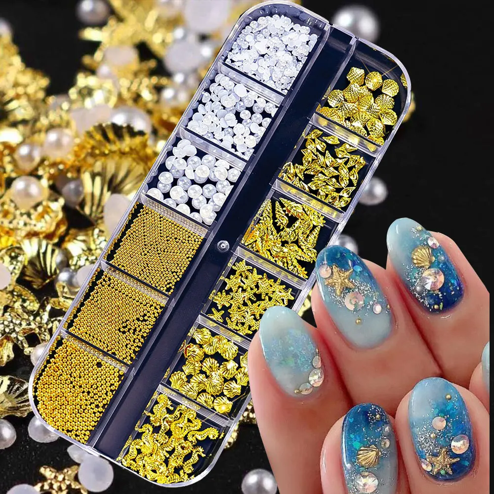 12 Grids 3D Gold Seashell Starfish Nail Charms Half Round White Pearls & Steel Studs Nail Rhinestones Summer Ocean Theme Nail Su
12 Grids 3D Gold Seashell Starfish Nail Charms Half Round White Pearls & Steel Studs Nail Rhinestones Summer Ocean Theme Nail Su
