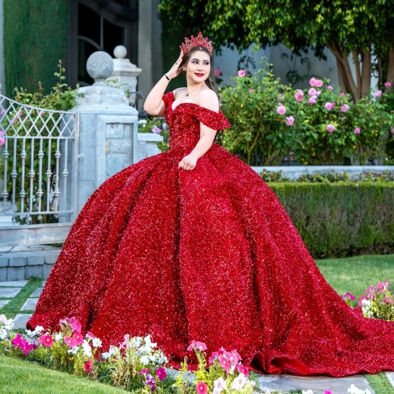 Red Shiny Quinceanera Dresses Ball Gown Off The Shoulder Sequin Sweet 16 Dress Vestidos 15 De Anos
Red Shiny Quinceanera Dresses Ball Gown Off The Shoulder Sequin Sweet 16 Dress Vestidos 15 De Anos
