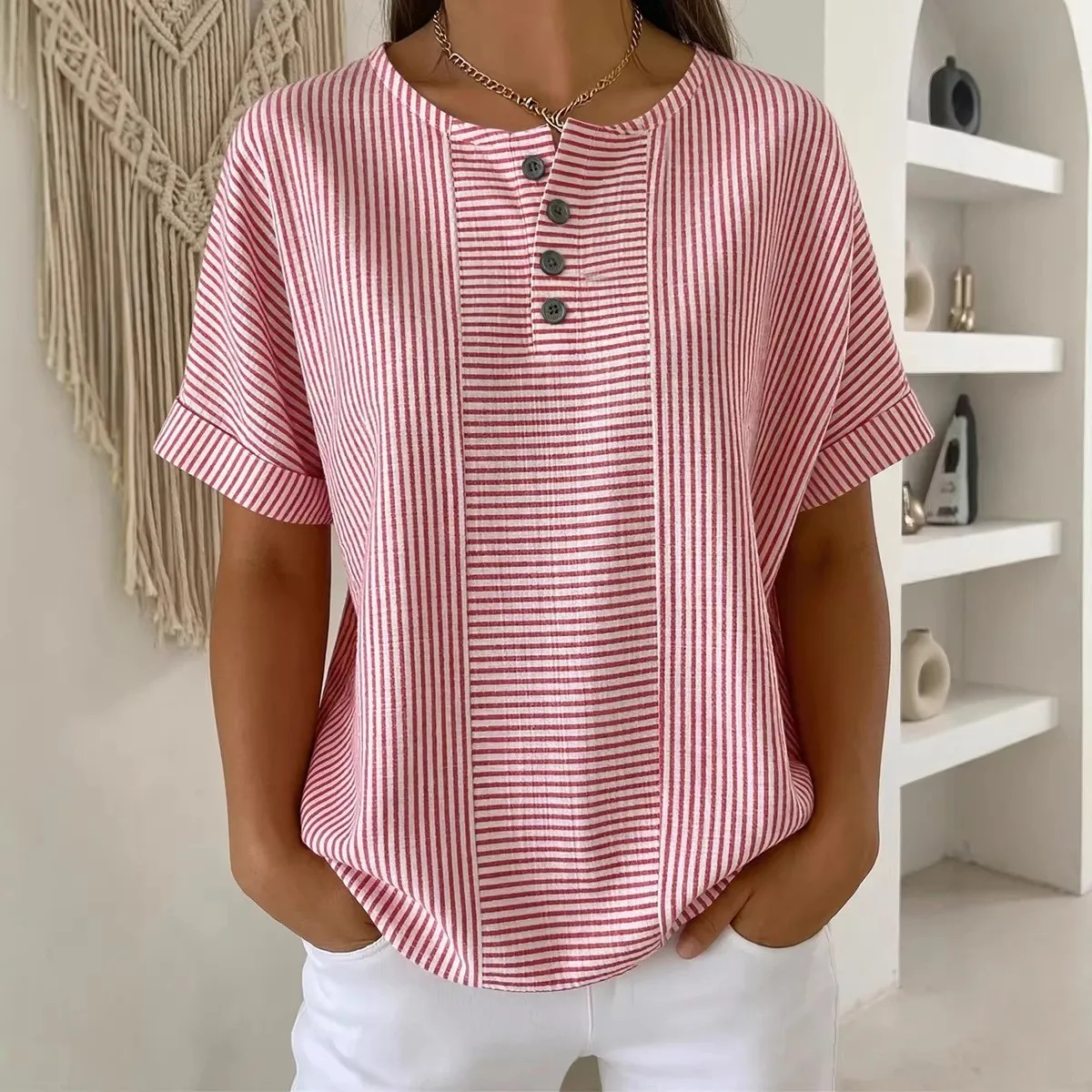 Summer Top Linen Blouse Short Sleeve V Neck Striped Blouses Red Striped Button Up Shirt Rolled Cuff Loose Fit Casual Shirt
Summer Top Linen Blouse Short Sleeve V Neck Striped Blouses Red Striped Button Up Shirt Rolled Cuff Loose Fit Casual Shirt