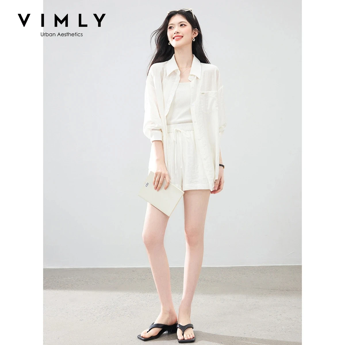 VIMLY Women's Minimalist Casual Two-piece Set Summer 2026 New Sunshade White Shirt High Waist Shorts Suit Daily Wear 31021
VIMLY Women's Minimalist Casual Two-piece Set Summer 2026 New Sunshade White Shirt High Waist Shorts Suit Daily Wear 31021
