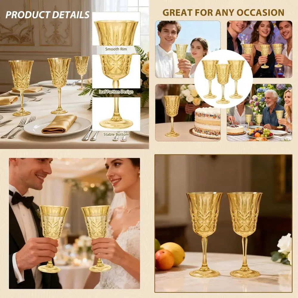 Set of 24 10oz Gold Vintage Leaf-Patterned Unbreakable Stemmed Wine Glasses, BPA-Free, Reusable for Parties & Weddings
Set of 24 10oz Gold Vintage Leaf-Patterned Unbreakable Stemmed Wine Glasses, BPA-Free, Reusable for Parties & Weddings