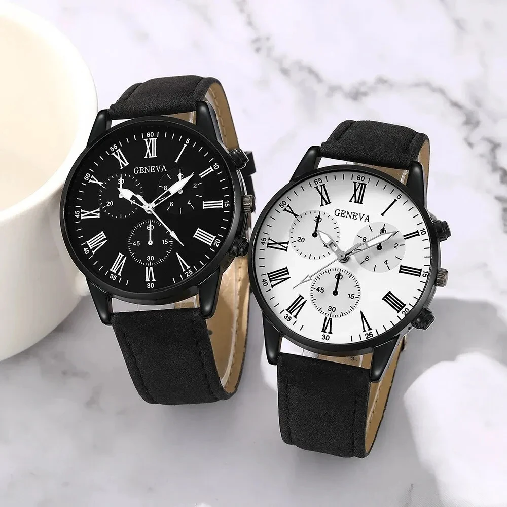 2Pcs Geneva Couple Men Watch Set Black Suede Leather Chronograph Quartz Wristwatch Roman Dial Black White Dual Face Gift
2Pcs Geneva Couple Men Watch Set Black Suede Leather Chronograph Quartz Wristwatch Roman Dial Black White Dual Face Gift