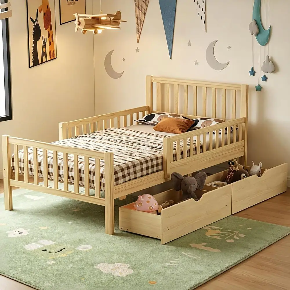 Mid-Size Kids Platform Bed with Storage and 2 Drawers, Wood, Suitable for Bedroom, Children's Room, with Guardrails, Natural Fin
Mid-Size Kids Platform Bed with Storage and 2 Drawers, Wood, Suitable for Bedroom, Children's Room, with Guardrails, Natural Fin