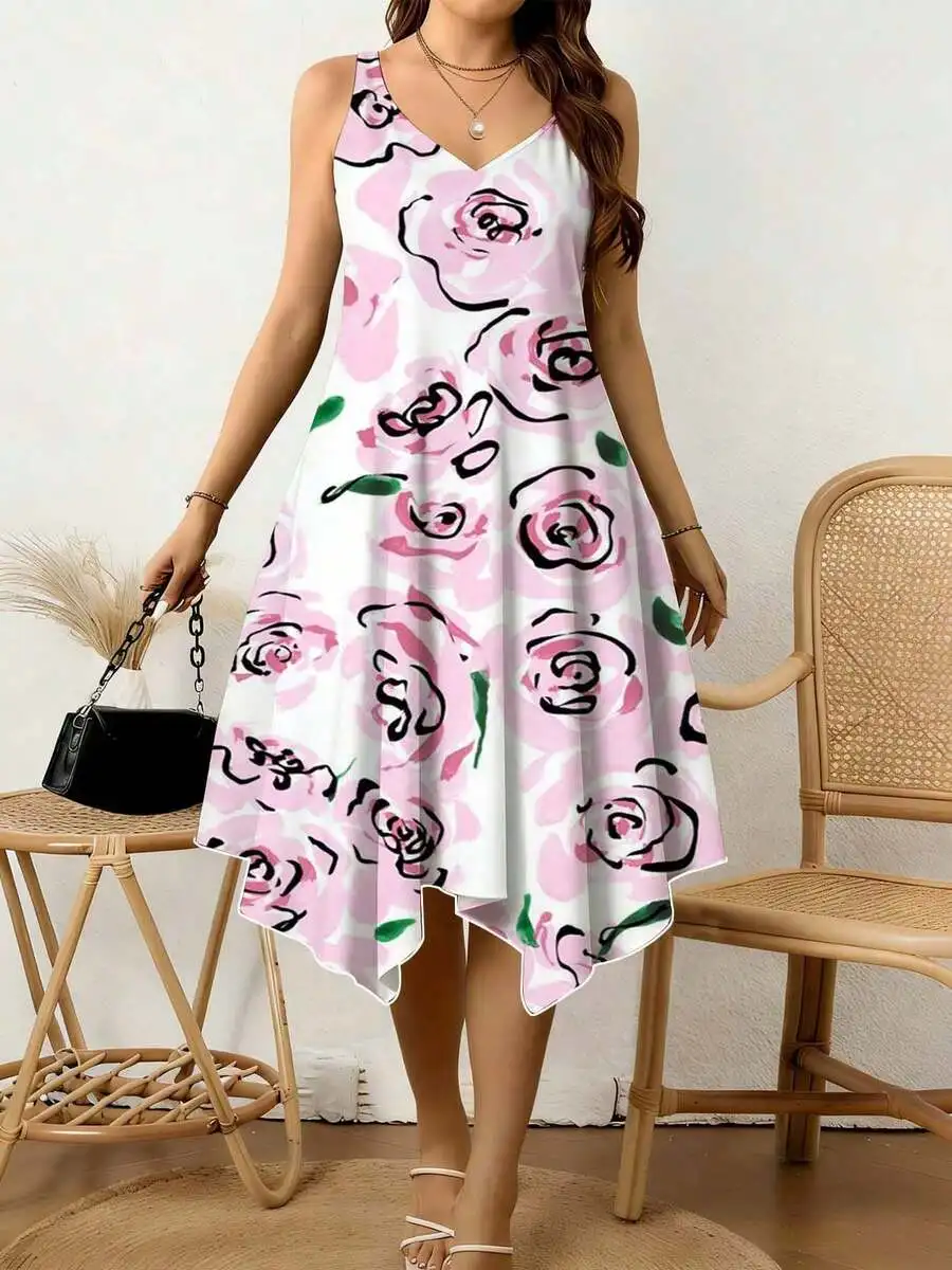Women V Neck Irregular Hem Dress Pink Rose Floral Print Summer Casual Beach Vacation Outfit
Women V Neck Irregular Hem Dress Pink Rose Floral Print Summer Casual Beach Vacation Outfit