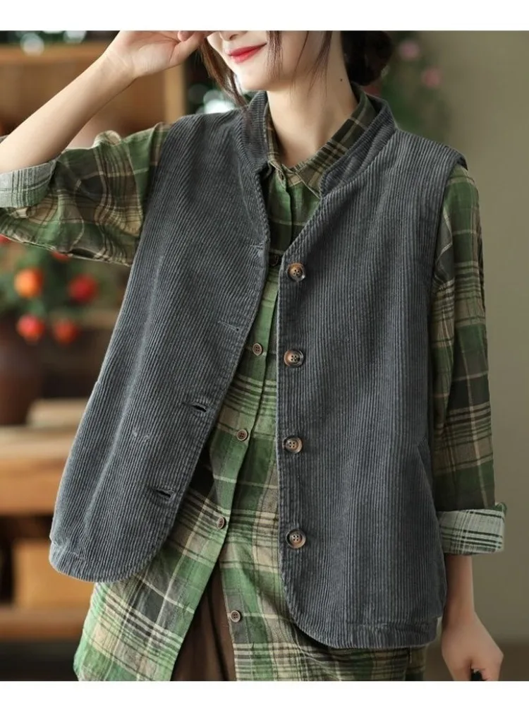 Double Layer Corduroy Vest Women's Outerwear Sleeveless Loose Fit Fashionable Pure Color Stand Collar Kimono Style Top
Double Layer Corduroy Vest Women's Outerwear Sleeveless Loose Fit Fashionable Pure Color Stand Collar Kimono Style Top