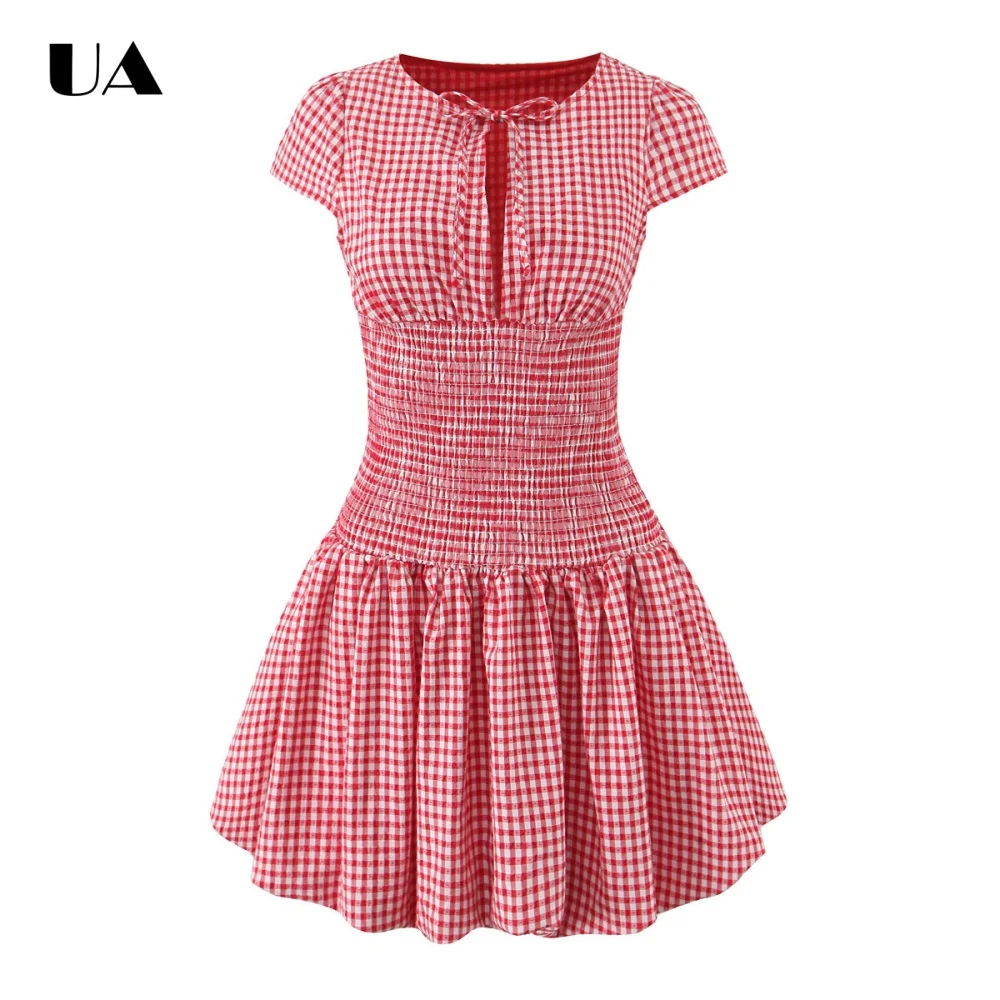 Trendy Fit-and-flare Plaid Lace-up Mini Dress with Bubble Hem Sweet O-neck Elastic Waist Short Dress French Garment Sleeve Dress
Trendy Fit-and-flare Plaid Lace-up Mini Dress with Bubble Hem Sweet O-neck Elastic Waist Short Dress French Garment Sleeve Dress