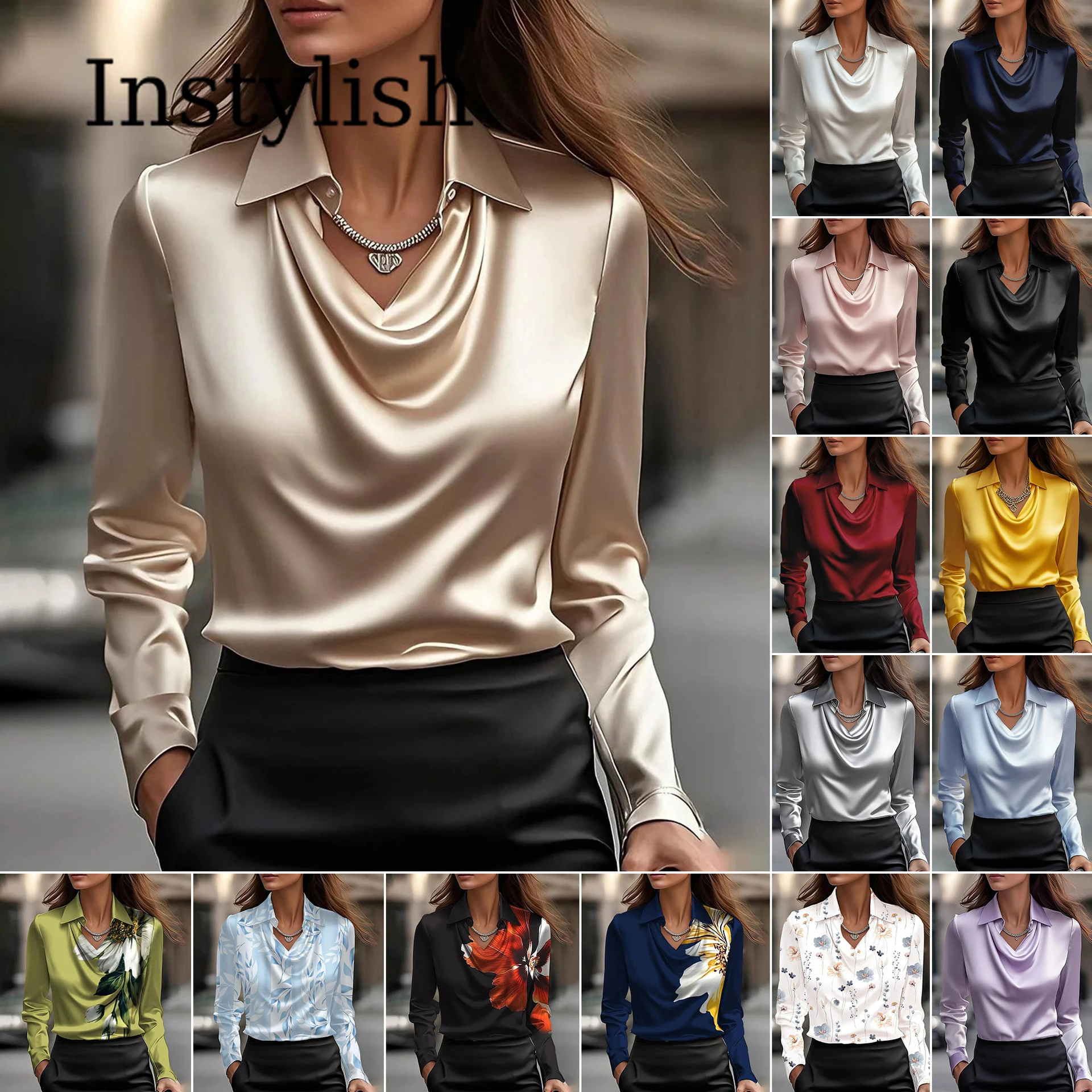 Women Long Sleeve Lapel V Neck Satin Blouse Elegant Solid Loose Shirt Spring Summer Simple Chic Offce Lady Tops Fake Silk Shirt
Women Long Sleeve Lapel V Neck Satin Blouse Elegant Solid Loose Shirt Spring Summer Simple Chic Offce Lady Tops Fake Silk Shirt
