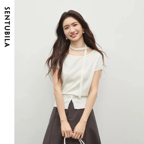 SENTUBILA Women's Drop Shoulder Short Sleeve Knit Pullover White Elegant Wide Crew Neck with Detachable Sash Top W62HA5956
SENTUBILA Women's Drop Shoulder Short Sleeve Knit Pullover White Elegant Wide Crew Neck with Detachable Sash Top W62HA5956