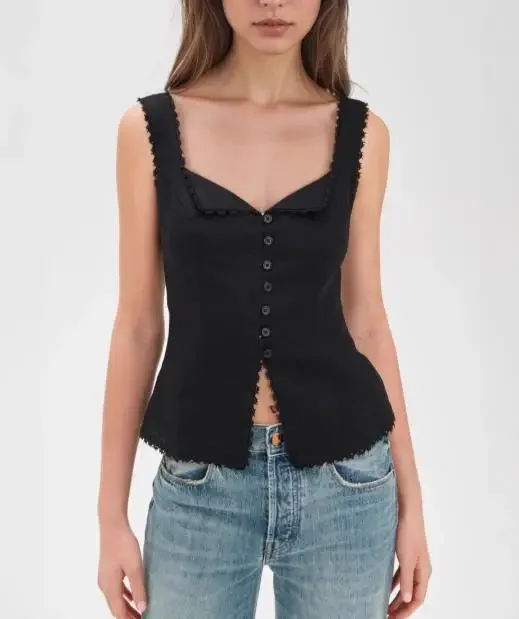 Retro-style women's cotton and linen lace patchwork fashion versatile button-down camisole sleeveless top
Retro-style women's cotton and linen lace patchwork fashion versatile button-down camisole sleeveless top