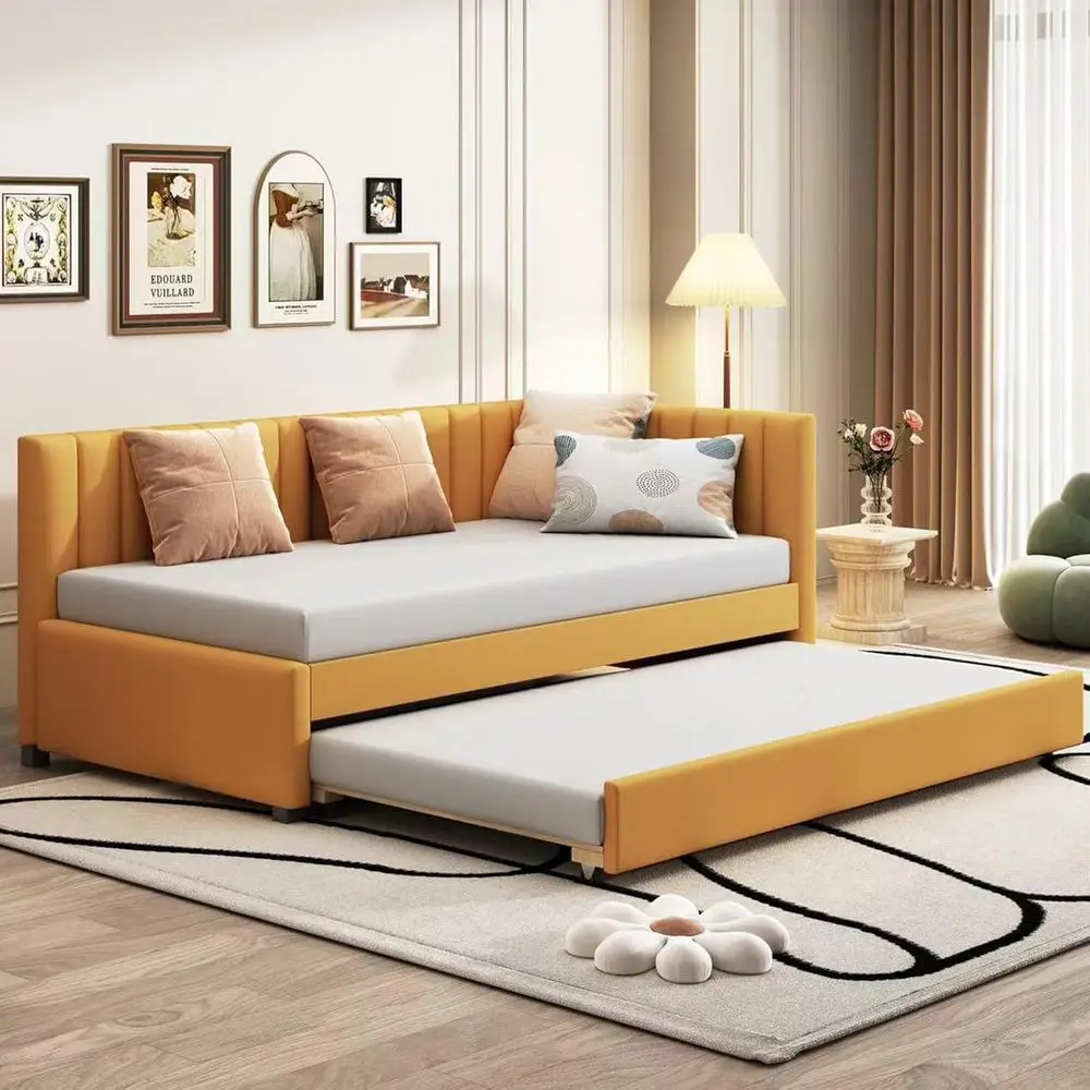 Upholstered L-Shaped Daybed with Trundle, Linen Fabric, Tufted Backrest, Suitable for Kids & Teens, Yellow
Upholstered L-Shaped Daybed with Trundle, Linen Fabric, Tufted Backrest, Suitable for Kids & Teens, Yellow
