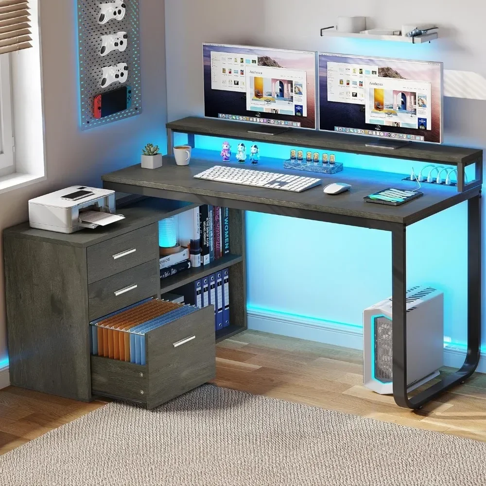 L-shaped table with 3 drawers, corner computer desk with power socket and LED lights, L-shaped table office filing cabinet
L-shaped table with 3 drawers, corner computer desk with power socket and LED lights, L-shaped table office filing cabinet