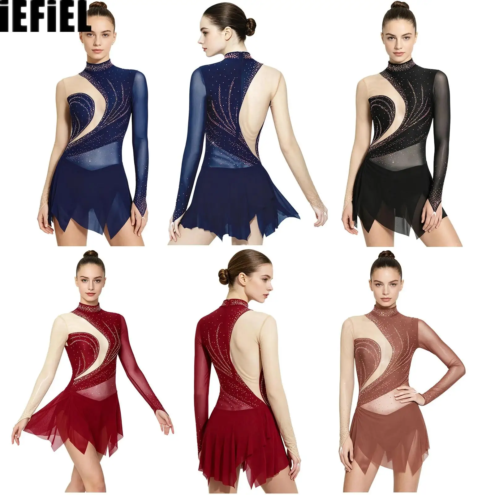 Women Gymnastics Rhinestones Bodysuit Dress Sheer Mesh Long Sleeve Mock Neck Irregular Hem Dress for Figure Skating Latin Dance
Women Gymnastics Rhinestones Bodysuit Dress Sheer Mesh Long Sleeve Mock Neck Irregular Hem Dress for Figure Skating Latin Dance