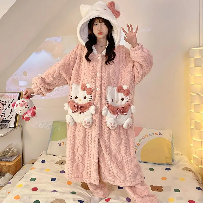 Женские пижамы Hello Kitty's, коралловые бархатные халаты с капюшоном для девочек, зимняя фланелевая утепленная ночная рубашка, теплая домашняя одежда, состоящая из двух предметов
Женские пижамы Hello Kitty's, коралловые бархатные халаты с капюшоном для девочек, зимняя фланелевая утепленная ночная рубашка, теплая домашняя одежда, состоящая из двух предметов