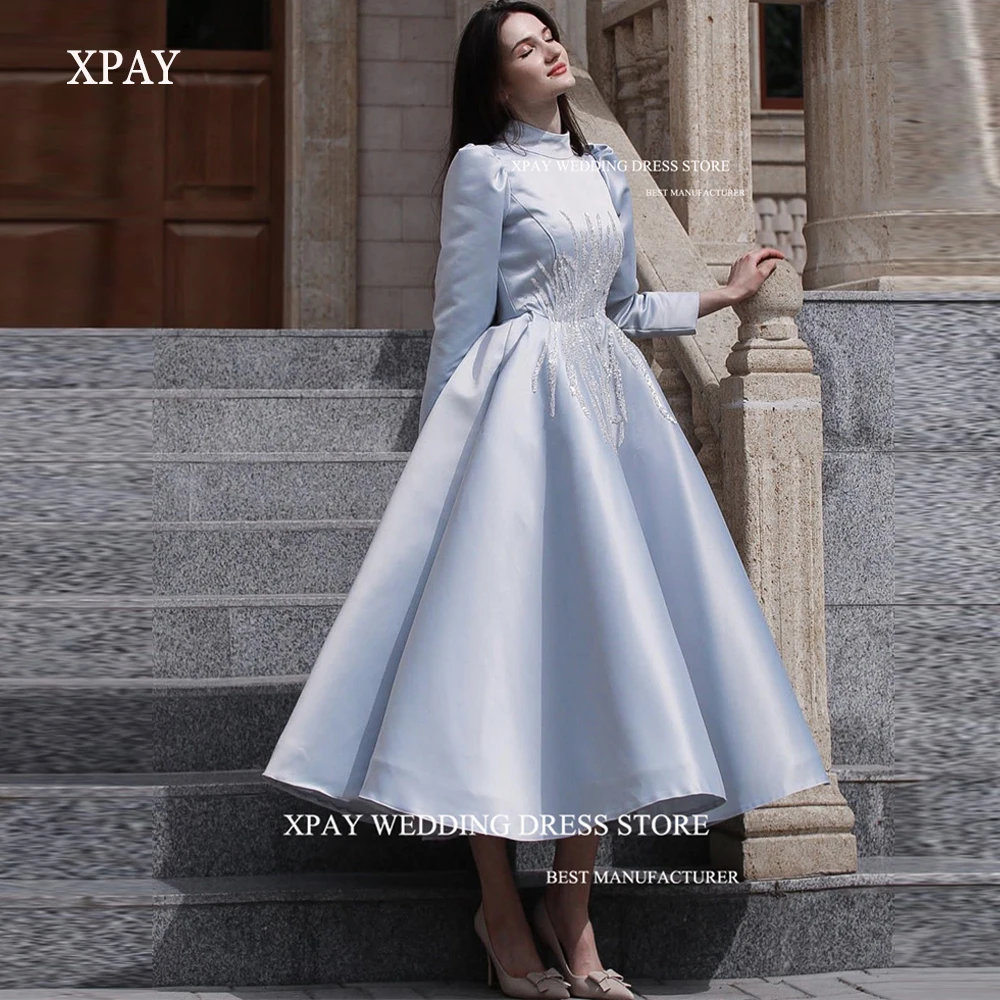 XPAY 2023 Modest Light Blue Satin Formal Evening Dresses Long Sleeves Lace Sequin Shiny Tea Length Party Gowns Dubai Arabic
XPAY 2023 Modest Light Blue Satin Formal Evening Dresses Long Sleeves Lace Sequin Shiny Tea Length Party Gowns Dubai Arabic