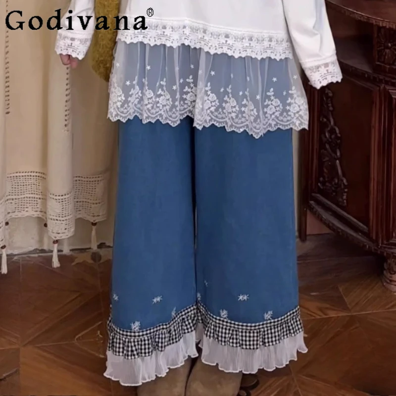 Spring Fashion Retro Sweet Girl Lace Blue Jeans Fashion Versatile Age-reducing Plaid Embroidered Elastic Waist Wide-leg Trousers
Spring Fashion Retro Sweet Girl Lace Blue Jeans Fashion Versatile Age-reducing Plaid Embroidered Elastic Waist Wide-leg Trousers