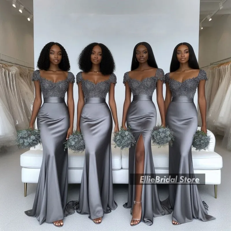 Formal Silver Bridesmaids Dresses For Wedding Cap Sleeves Lace Maid Of Honor Gowns robe de mariage femme d'honneur Customized
Formal Silver Bridesmaids Dresses For Wedding Cap Sleeves Lace Maid Of Honor Gowns robe de mariage femme d'honneur Customized