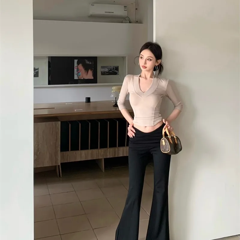Slimming V-Ne T-irt Bla High Waist Bell Bot Straight Leg Retro Faionable Sexy Top Bot Set Women's Clothing
Slimming V-Ne T-irt Bla High Waist Bell Bot Straight Leg Retro Faionable Sexy Top Bot Set Women's Clothing