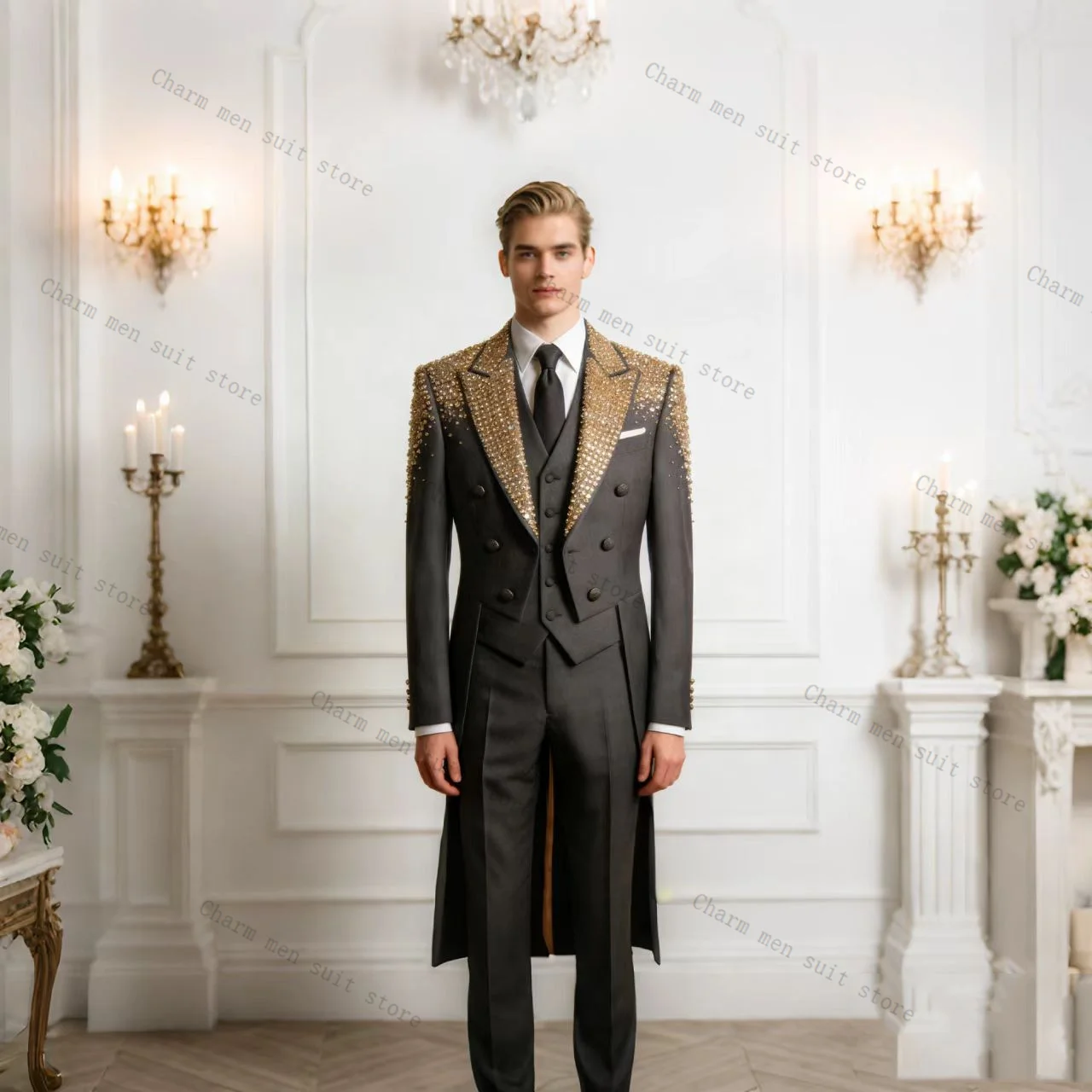 Grey Men Suits Set 3 Pcs Hi-Lo Overcoat+Cotton Blazer+Pant Trousers Crystals Wedding Tuxedo Formal Office Groom Jacket Coat
Grey Men Suits Set 3 Pcs Hi-Lo Overcoat+Cotton Blazer+Pant Trousers Crystals Wedding Tuxedo Formal Office Groom Jacket Coat