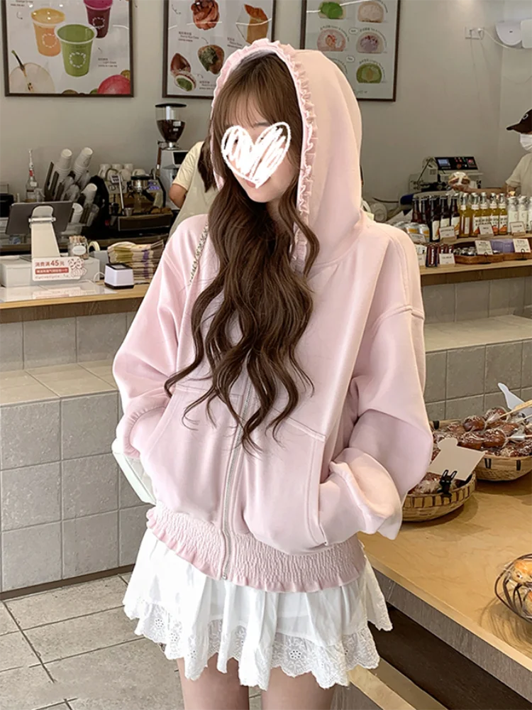 Korean Pink Zipper Hooded Sweatshirt for Women's Cute Outerwear Cardigan with Ruffle Long Sleeved Top Loose Hoodie
Korean Pink Zipper Hooded Sweatshirt for Women's Cute Outerwear Cardigan with Ruffle Long Sleeved Top Loose Hoodie