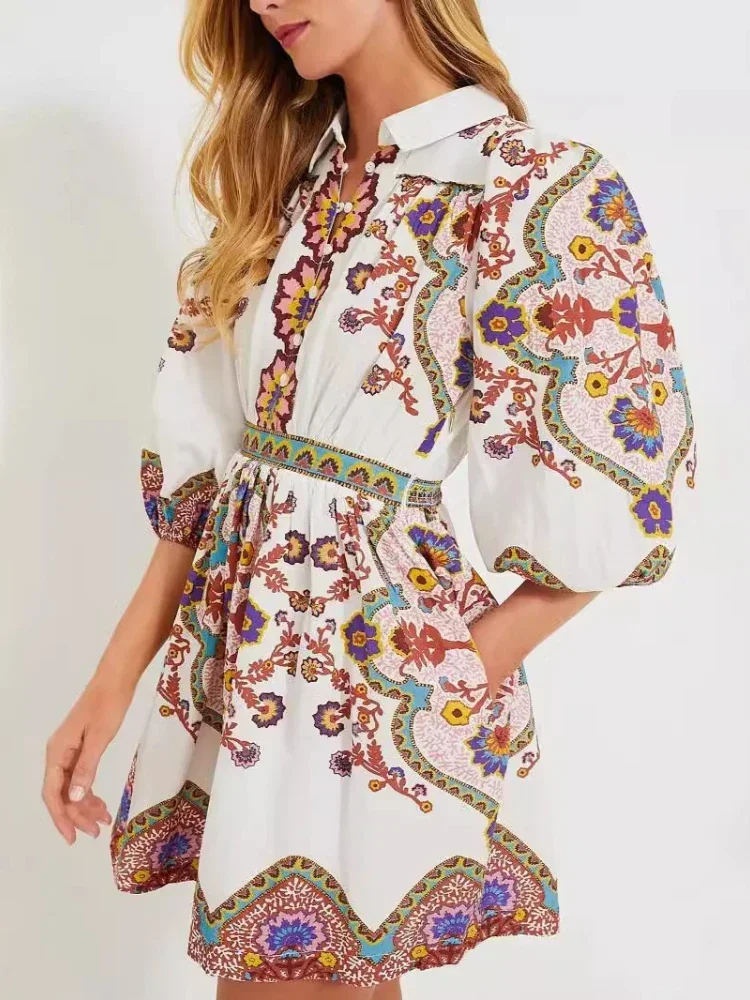Autumn Women's Bohemian Dress Printed Lantern Sleeve Shirt Lapel Ethnic Style Temperament Dress Short Female Dresses With Pocket
Autumn Women's Bohemian Dress Printed Lantern Sleeve Shirt Lapel Ethnic Style Temperament Dress Short Female Dresses With Pocket