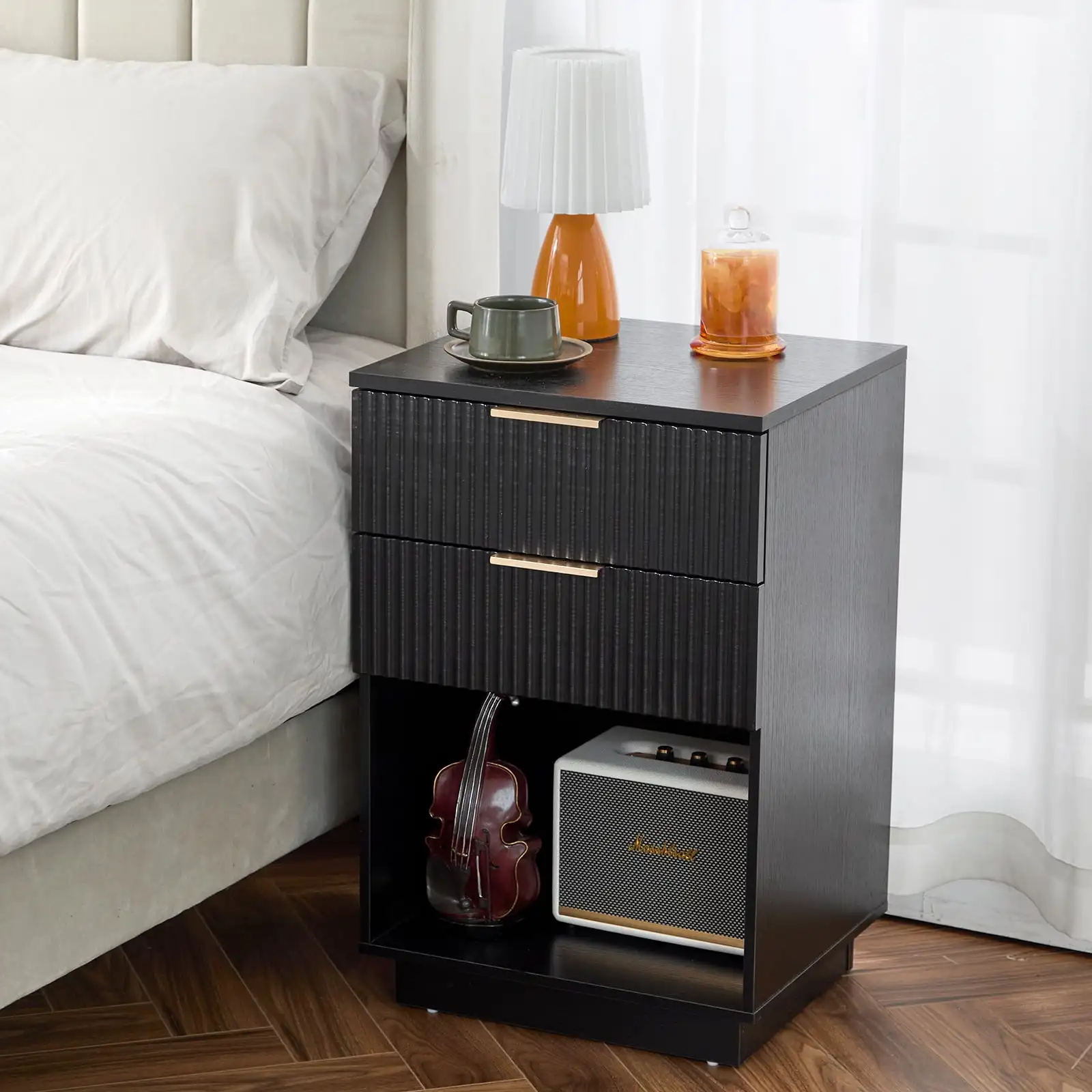 Modern Wavy Texture 2 Drawers Nightstand, Wood Storage End Table Bedside Table, Black
Modern Wavy Texture 2 Drawers Nightstand, Wood Storage End Table Bedside Table, Black