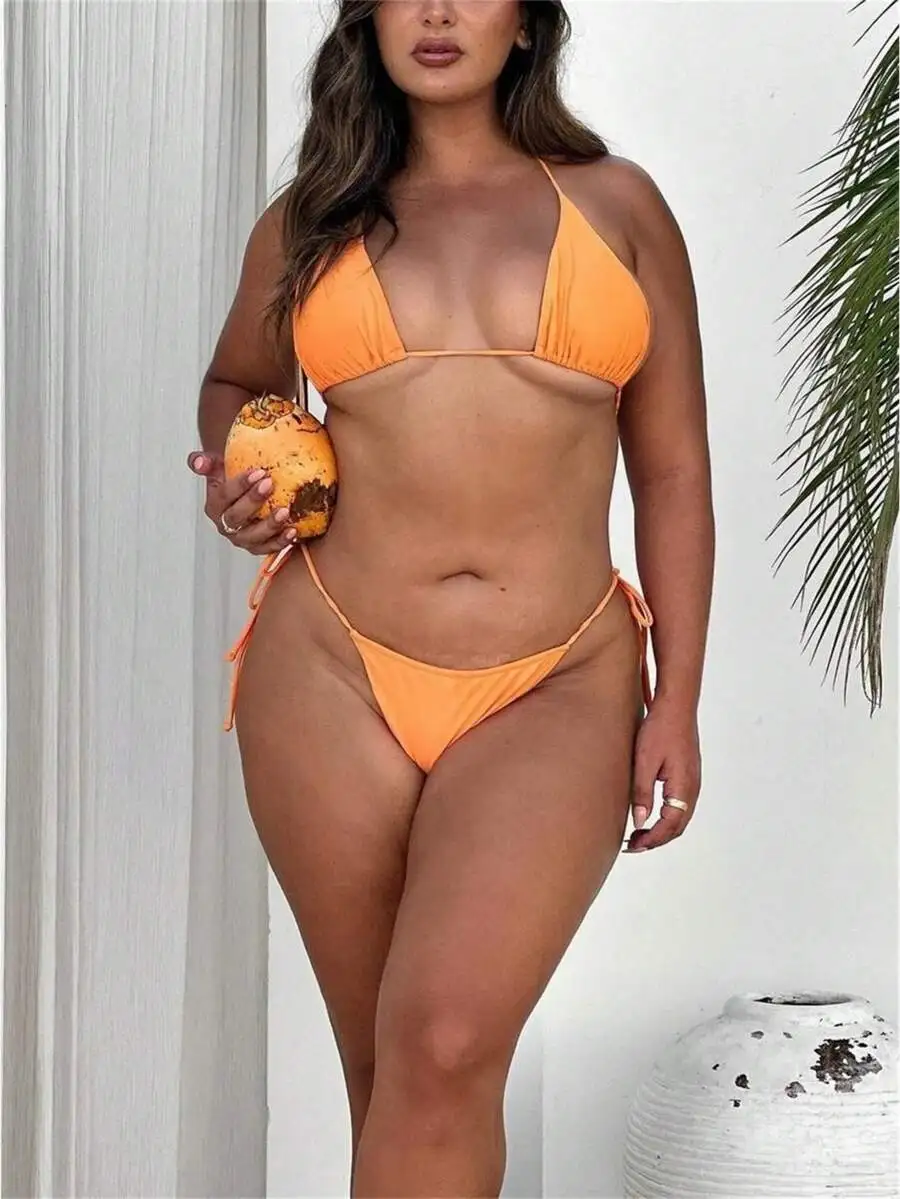 Womens Orange Solid Color Triangle Bikini Set With Side Tie Thong
Womens Orange Solid Color Triangle Bikini Set With Side Tie Thong