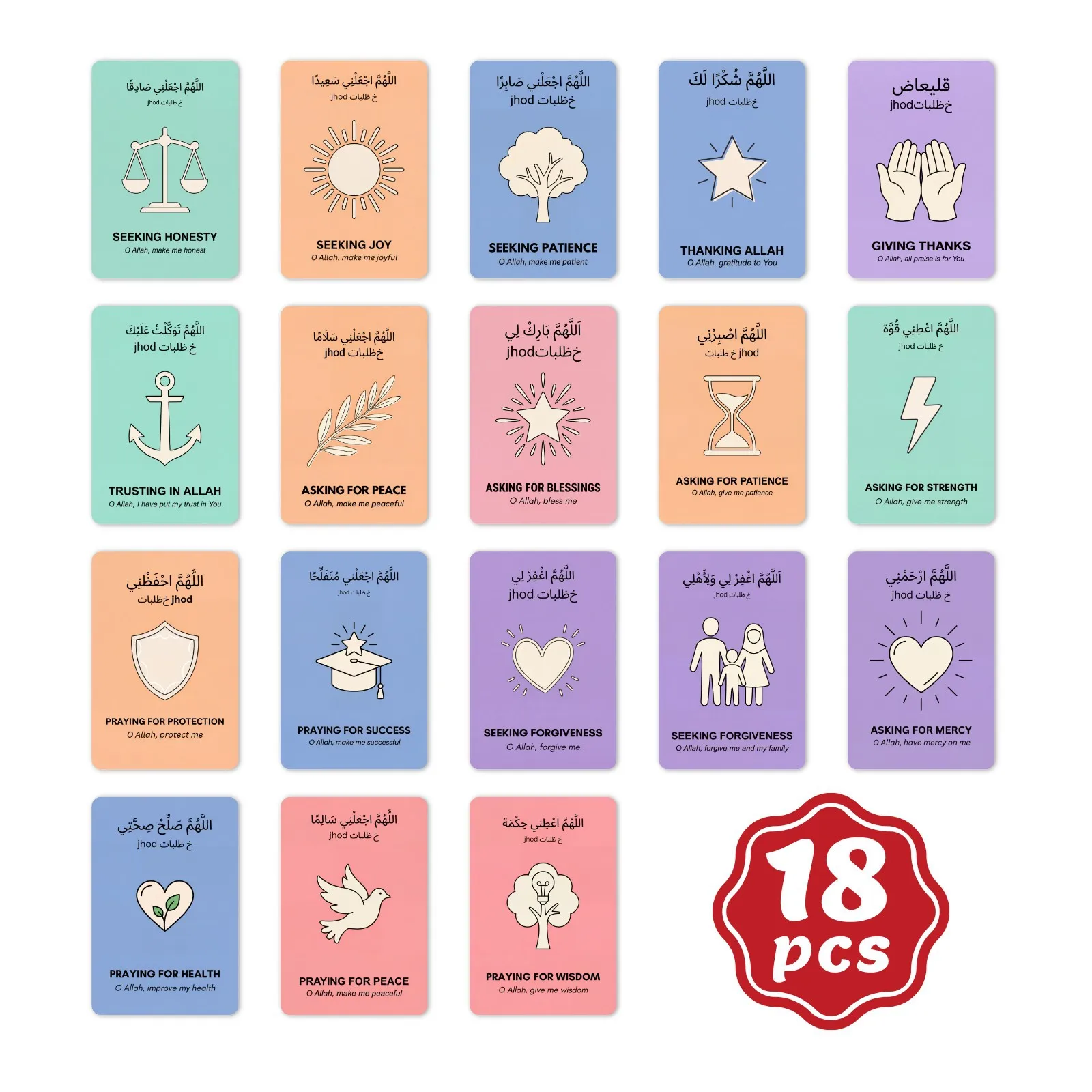 Set of 18 Prayer Cards Macaron Color Bilingual Arabic English Daily Blessing Quotes Religious Theme Cards for Spiritual Use
Set of 18 Prayer Cards Macaron Color Bilingual Arabic English Daily Blessing Quotes Religious Theme Cards for Spiritual Use
