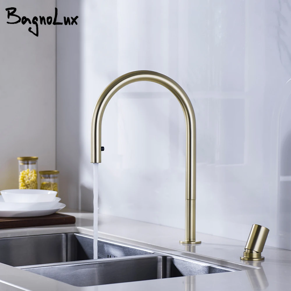 Brushed Gold Kitchen Faucet Invisible Pull Out Spray Mixer Double Hole Single Handle Solid Brass Hot and Cold Sink Tap
Brushed Gold Kitchen Faucet Invisible Pull Out Spray Mixer Double Hole Single Handle Solid Brass Hot and Cold Sink Tap