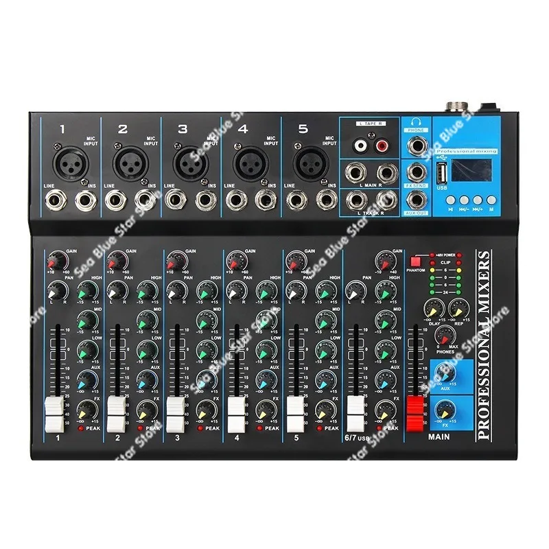 Микшерный пульт 7-канальный для сценической записи, эквалайзер, усилитель мощности, фантомное питание, Bluetooth, USB, реверберация, звуковая карта, Bluetooth-запись
Микшерный пульт 7-канальный для сценической записи, эквалайзер, усилитель мощности, фантомное питание, Bluetooth, USB, реверберация, звуковая карта, Bluetooth-запись