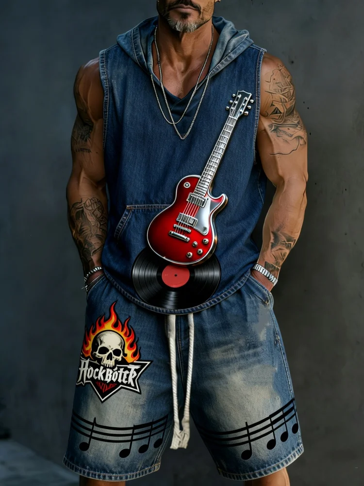 Men's Sleeveless Hooded Tank & Shorts Set, Loose Comfort Rock Music Outfit with Guitar Skull Print
Men's Sleeveless Hooded Tank & Shorts Set, Loose Comfort Rock Music Outfit with Guitar Skull Print