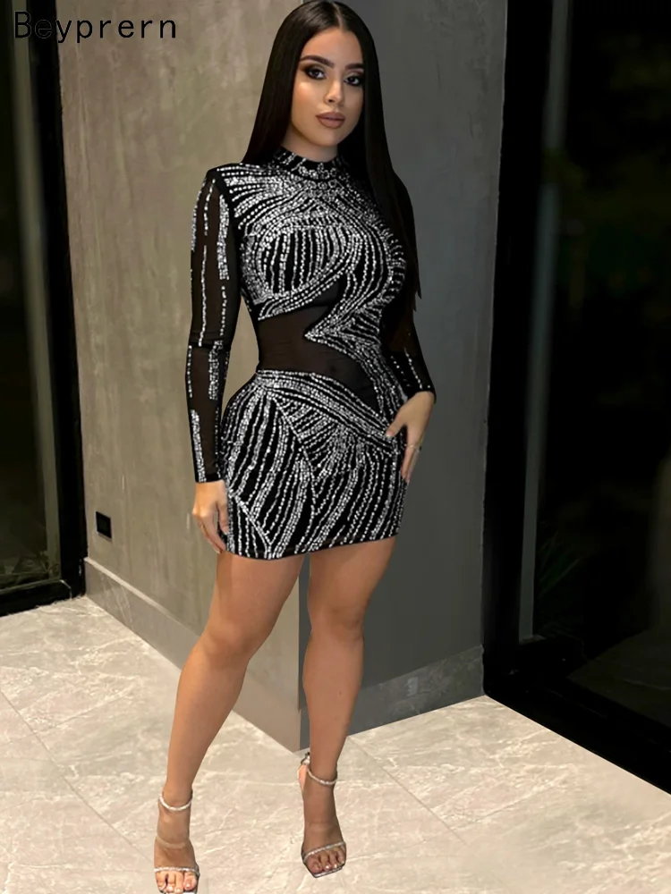 Beyprern Women's Black Mesh Rhinestone Decor Short Dress Glam See Through Crystal Party Dresses Female Diamond Birthday Outifits
Beyprern Women's Black Mesh Rhinestone Decor Short Dress Glam See Through Crystal Party Dresses Female Diamond Birthday Outifits