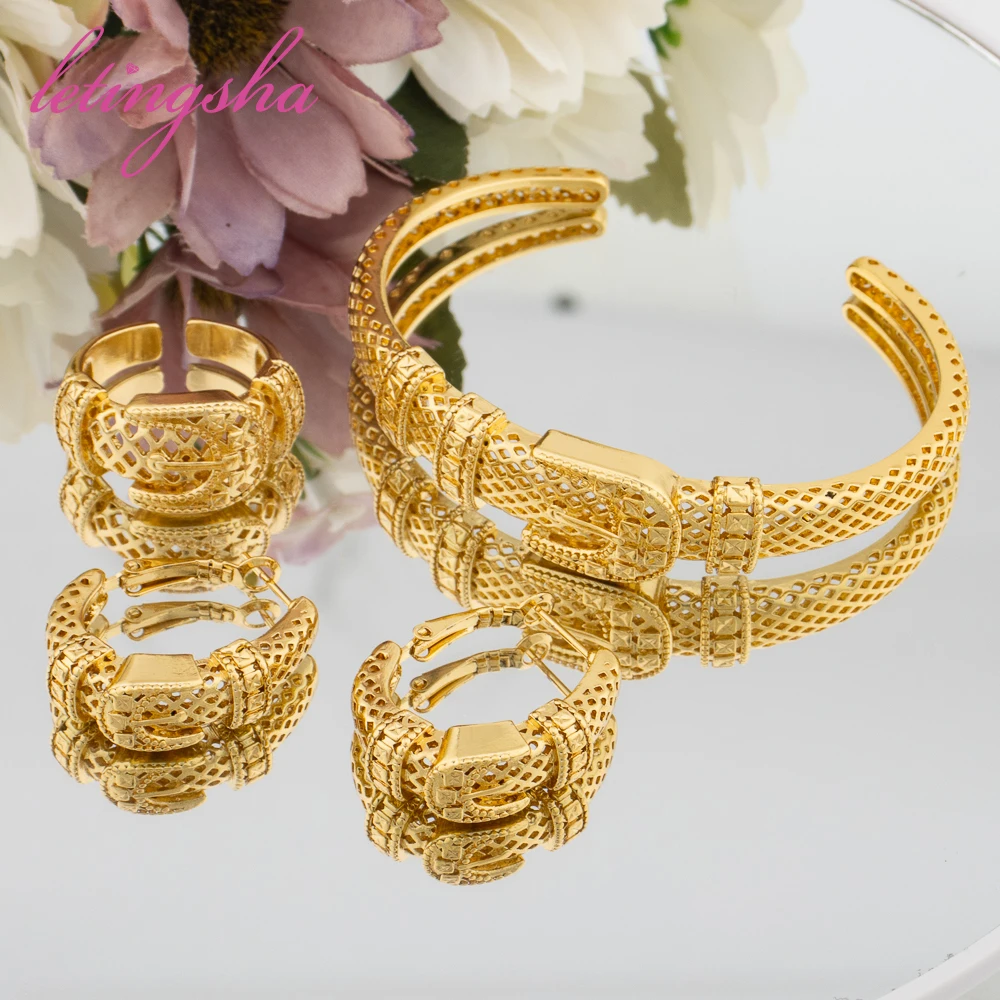 Fashion Newest Hoop Earrings Statement Cuff Bangle Ring Sets for Women Statement Gold Color Luxury Jewelry Set Trendy Party Gift
Fashion Newest Hoop Earrings Statement Cuff Bangle Ring Sets for Women Statement Gold Color Luxury Jewelry Set Trendy Party Gift