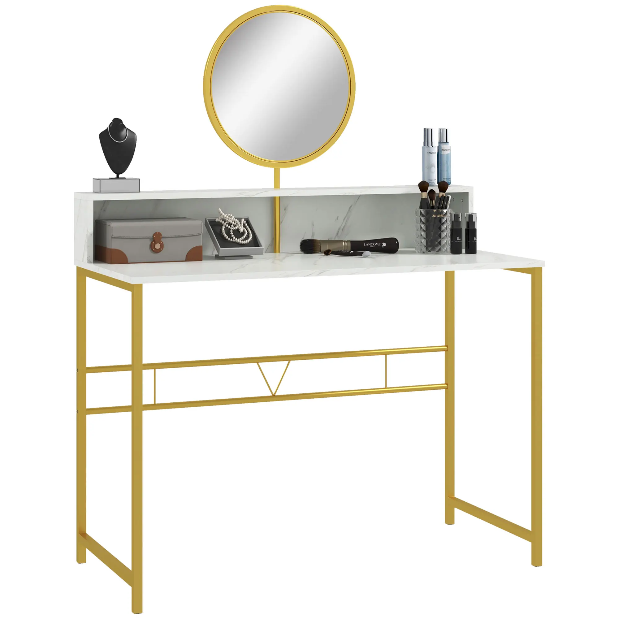 Elegant Marble Makeup Vanity Table W/ Open Storage & Round Mirror, White/Gold
Elegant Marble Makeup Vanity Table W/ Open Storage & Round Mirror, White/Gold